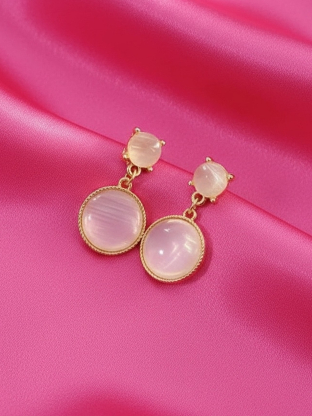 Gold-Trim Round Bezel Double Drop Earrings w/ Opalescent Inlay - Women Jewelry